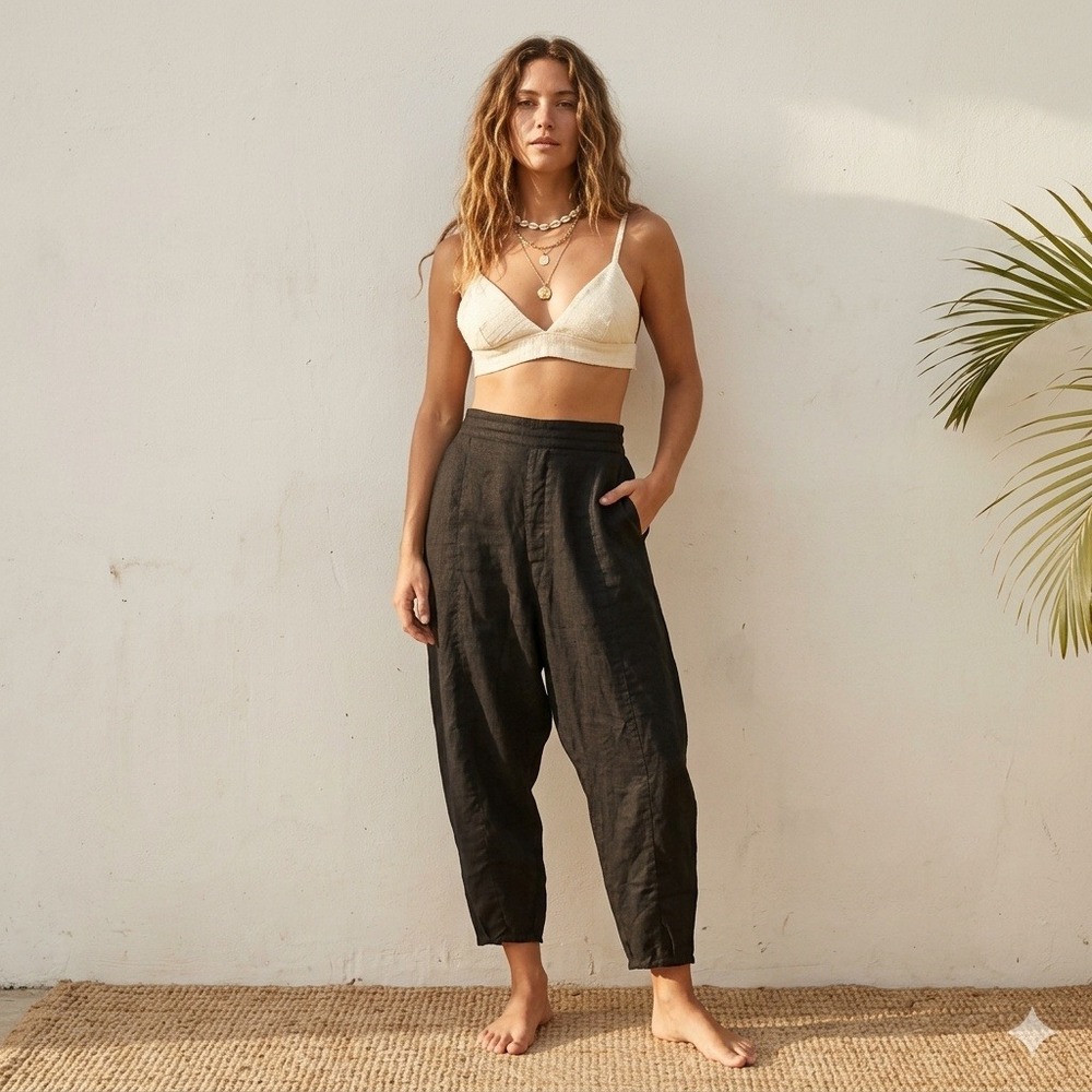 De La Rosa Tulum Pants Womens Medium Black Linen Drop Crotch Tapered Lagenlook